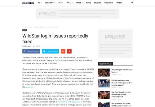 
                            10. WildStar login issues reportedly fixed - GameZone