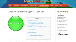 
                            6. William Hill Casino Club Coupon Code 50SPINS - Up to £1000 + 50 ...