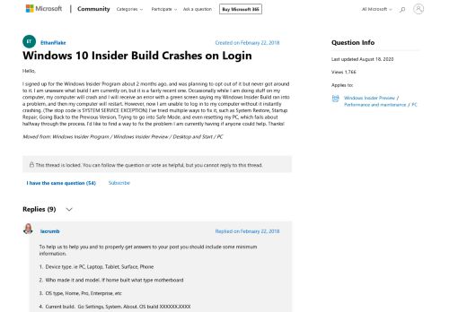 
                            1. Windows 10 Insider Build Crashes on Login - Microsoft Community