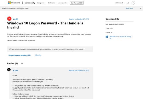 
                            1. Windows 10 Logon Password - The Handle is Invalid - Microsoft ...