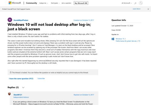 
                            1. Windows 10 will not load desktop after log-in; just a black screen ...