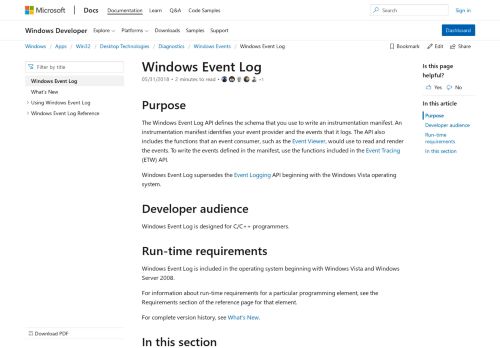 
                            6. Windows Event Log - Windows applications | Microsoft Docs