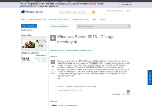 
                            2. Windows Server 2016 - C:\Logs directory - Microsoft