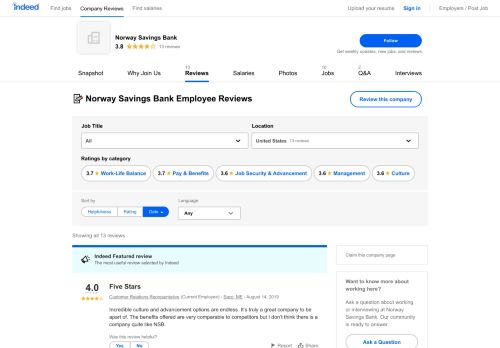 
                            11. Working at Norway Savings Bank: Employee Reviews | Indeed.com