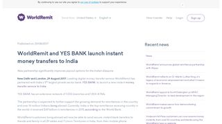 
                            11. WorldRemit and YES BANK launch instant money transfers to India ...