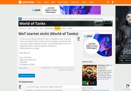 
                            10. WoT startet nicht: World of Tanks - Spieletipps