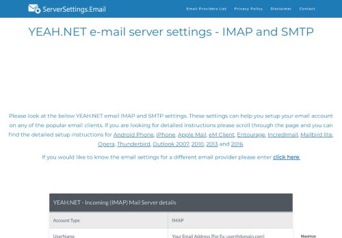 
                            8. YEAH.NET email server settings - IMAP and SMTP - ServerSettings ...