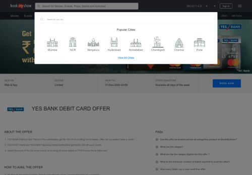 
                            9. YES BANK Debit Card up to Rs. 250 off - BookMyShow