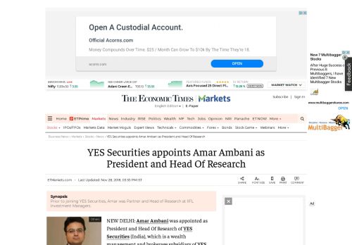 
                            5. YES Securities appoints Amar Ambani as President and Head Of ...