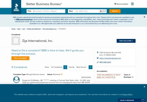 
                            5. Zija International, Inc. | Complaints | Better Business Bureau® Profile