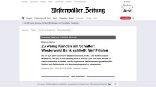 
                            8. Zu wenig Kunden am Schalter: Westerwald Bank schließt fünf Filialen ...