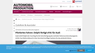 
                            12. Zuschlag erteilt: Delphi fertigt zFAS für Audi - Automobil Produktion