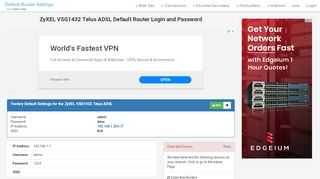 
                            5. ZyXEL VSG1432 Telus ADSL Default Router Login and Password