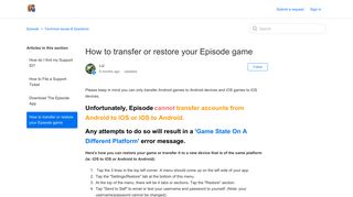 How to transfer or restore your Episode game – Episode
