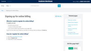Signing up for online billing - Carphone Warehouse Help and Support