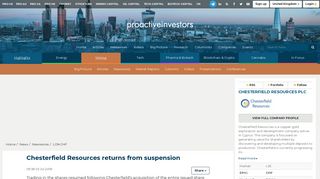 Chesterfield Resources PLC returns from suspension