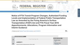 Federal Register :: Notice of FTA Transit Program Changes ...