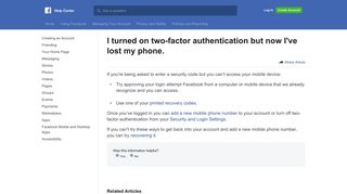 I turned on two-factor authentication but now I've lost my ... - Facebook