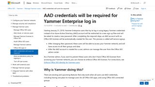 AAD credentials will be required for Yammer Enterprise log in ...