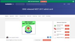 NEET 2017 admit card available now! - Medicine - Careers360