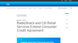 RadioShack and Citi Retail Services Extend Consumer Credit ...
