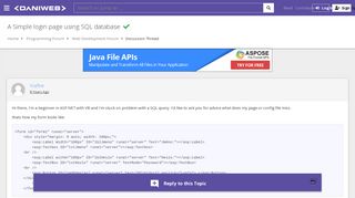 asp.net - A Simple login page using SQL database [SOLVED] | DaniWeb