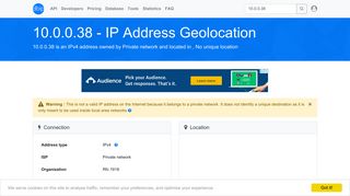 10.0.0.38 - No unique location - Private network - IP address geolocation