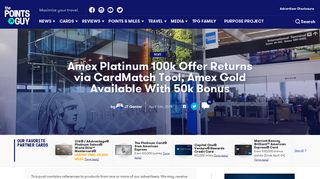 Amex Platinum 100k Offer Returns via CardMatch, Amex Gold at 50k