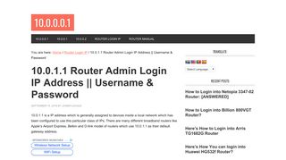 10.0.1.1 Router Admin Login IP Address Username & Password