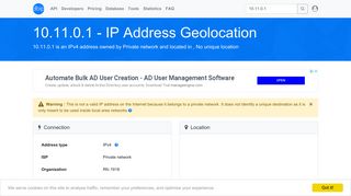 10.11.0.1 - No unique location - Private network - IP address geolocation