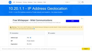 10.20.1.1 - No unique location - Private network - IP address geolocation