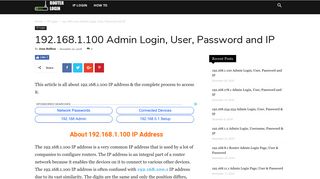 192.168.1.100 Admin Login, User, Password and IP - Router Login