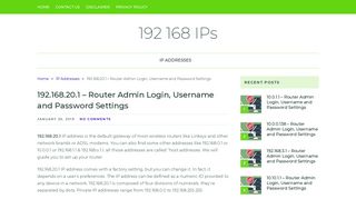 192.168.20.1 - Router Admin Login, Username and Password Settings