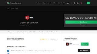 21Bet £10 bonus weekly, Free bet & Sign Up Offers | BookmakerAdvisor
