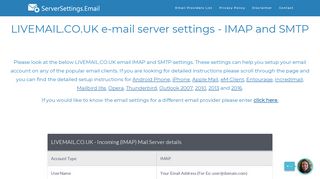 LIVEMAIL.CO.UK email server settings - IMAP and SMTP ...
