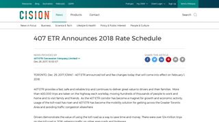 407 ETR Announces 2018 Rate Schedule - Canada NewsWire