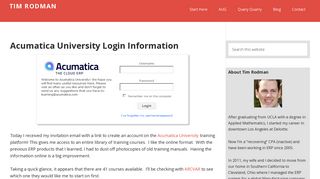 Acumatica University Login Information - Tim Rodman
