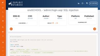oneSCHOOL - 'admin/login.asp' SQL Injection - Exploit Database