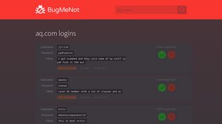aq.com passwords - BugMeNot