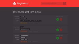 adventurequest.com passwords - BugMeNot