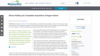 Athora Holding Ltd. Completes Acquisition of Aegon Ireland | Business ...