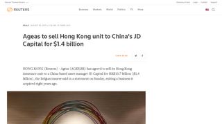 Ageas to sell Hong Kong unit to China's JD Capital for $1.4 billion ...
