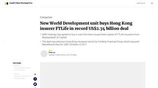 New World Development unit buys Hong Kong insurer FTLife in record ...