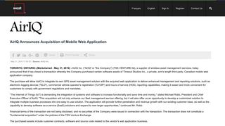 AirIQ Announces Acquisition of Mobile Web Application