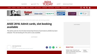 AISEE 2016: Admit cards, slot booking available - Education Today ...