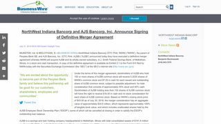 NorthWest Indiana Bancorp and AJS Bancorp, Inc. Announce Signing ...