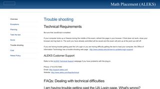 Trouble shooting | Math Placement (ALEKS)