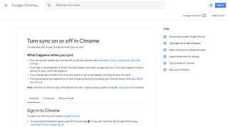 Turn sync on or off in Chrome - Android - Google Chrome Help