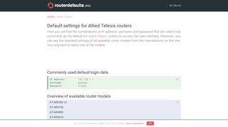 Default settings for Allied Telesis routers