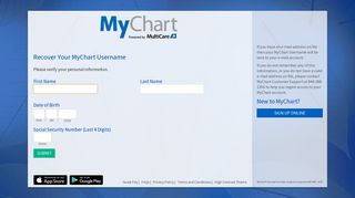 MyChart - Login Recovery Page